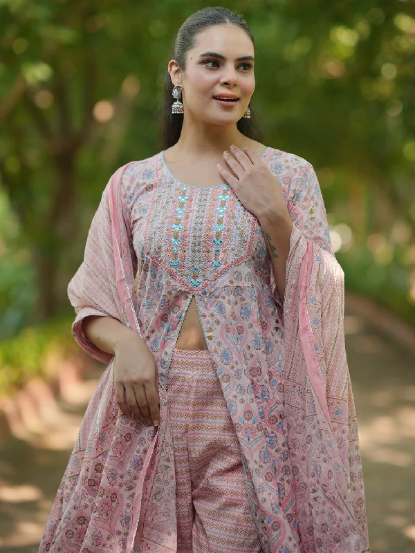 Pink Printed Cotton A-Line Kurta With Palazzos & Dupatta