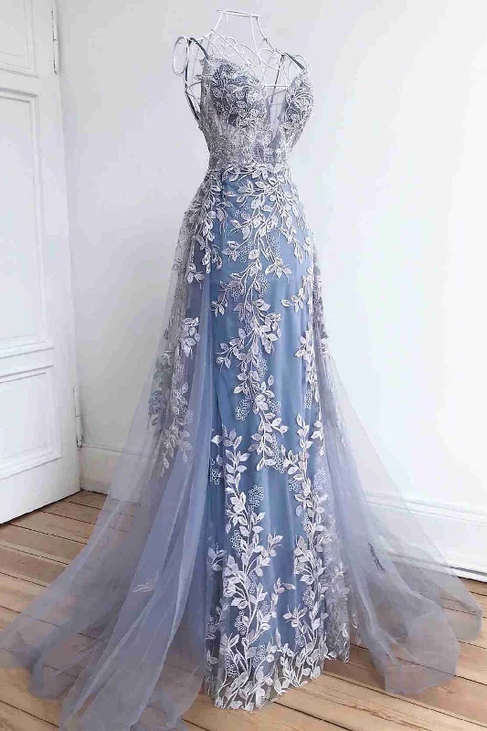 Stunning Dsuty Blue Tulle Long Formal Dress with Appliques gh2634