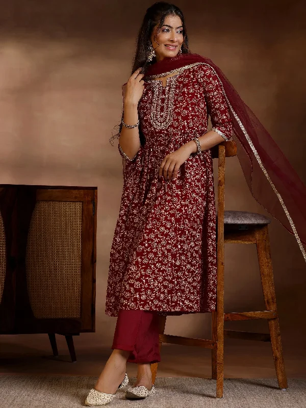 Maroon Printed Georgette A-Line Kurta With Trousers & Dupatta