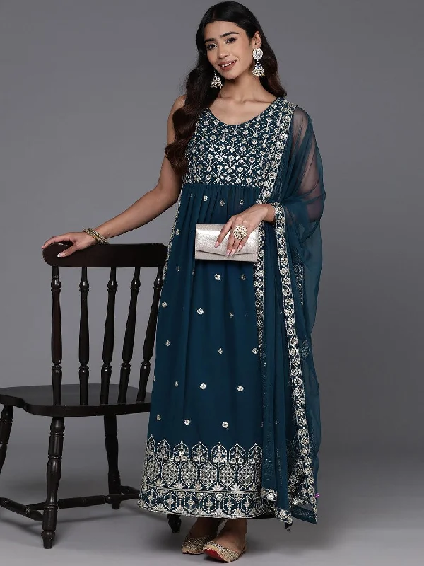 Teal Embroidered Georgette A-Line Kurta With Trousers & Dupatta