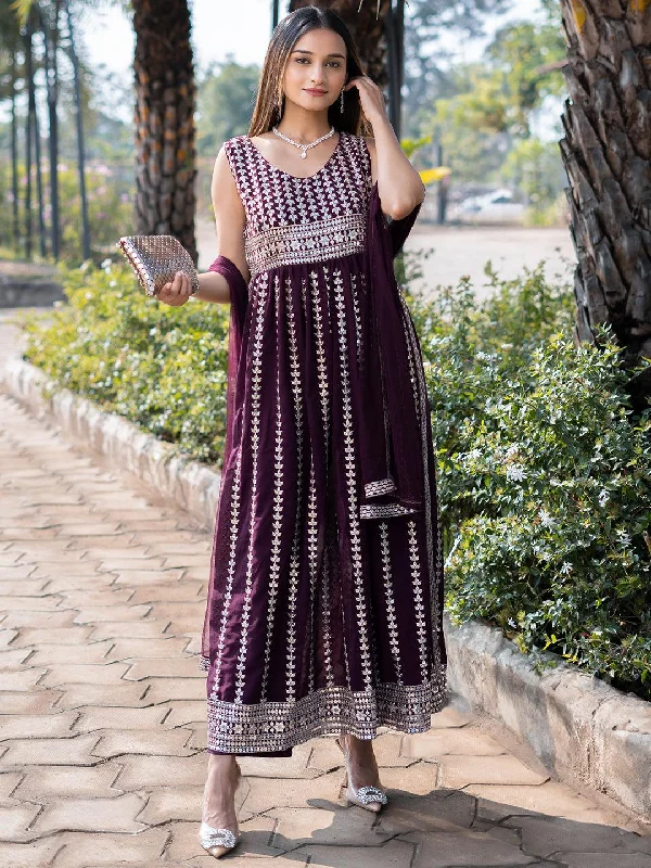 Wine Embroidered Georgette A-Line Kurta With Trousers & Dupatta