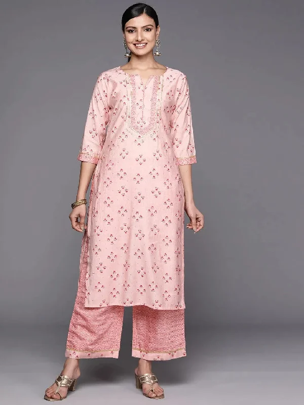 Peach Printed Silk Blend Straight Kurta With Palazzos