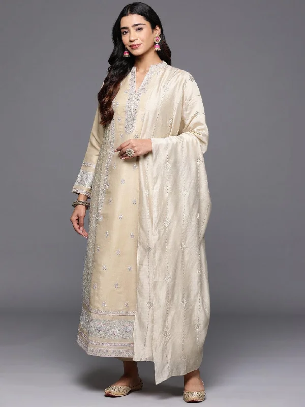 Libas Art Beige Embroidered Silk Blend A-Line Kurta With Trousers & Dupatta