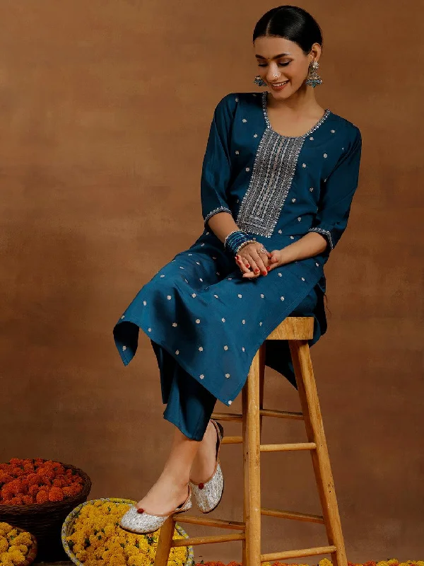 Blue Embroidered Silk Blend Straight Kurta Set