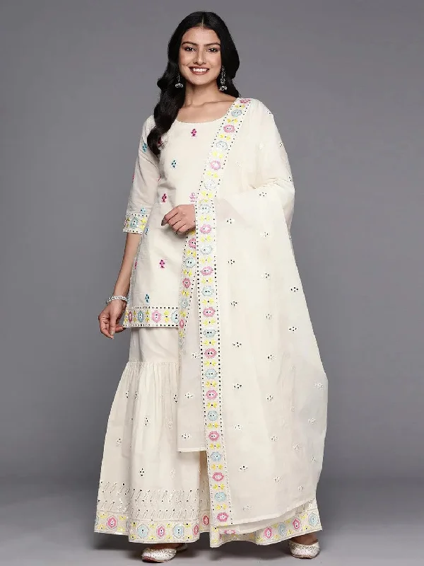 Off-White Embroidered Cotton Straight Kurta With Sharara & Dupatta