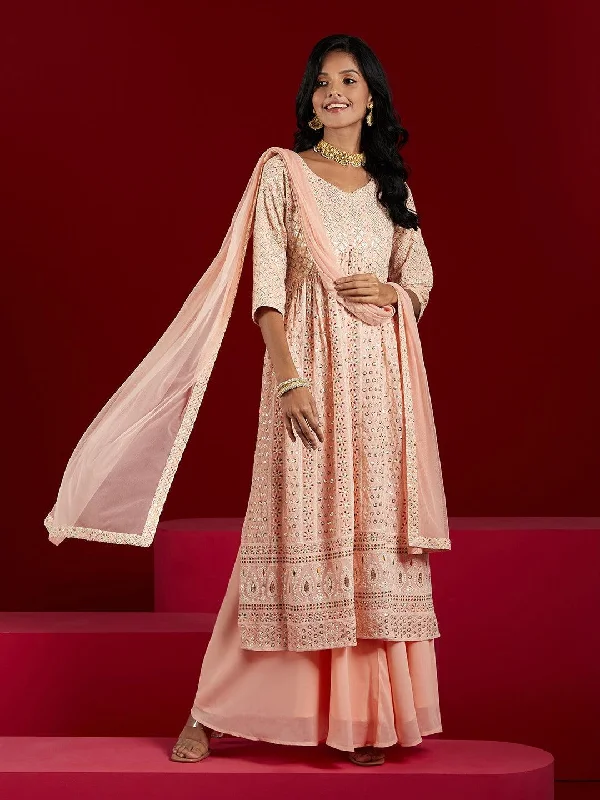 Libas Art Peach Embroidered Georgette A-Line Kurta With Palazzos & Dupatta