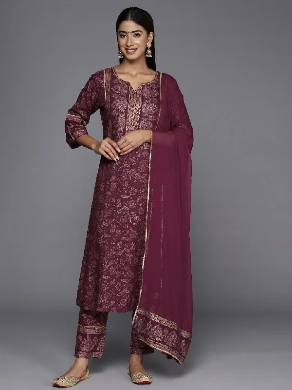 Maroon Printed Rayon A-Line Kurta With Trousers & Dupatta