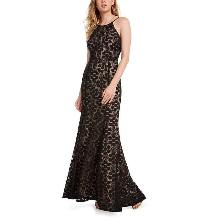 Jump Women's Lace Glitter Spaghetti Strap Halter Full Length Fit Flare Formal Dress Black Size 3-4