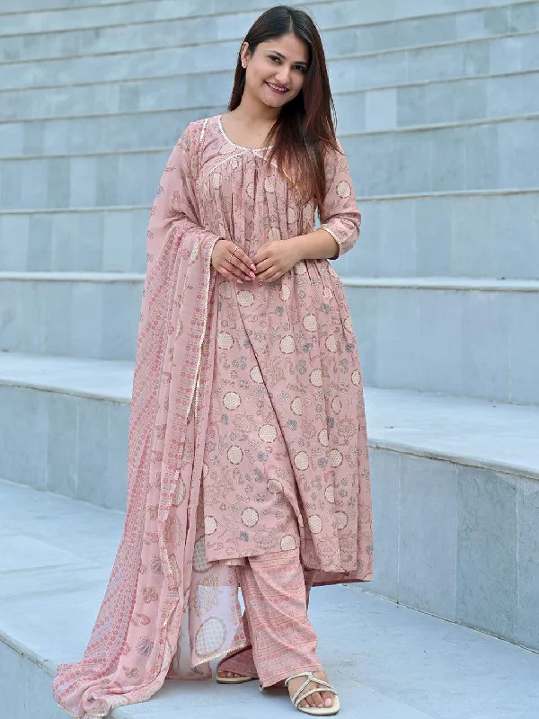 Pink Printed Silk Blend A-Line Kurta With Trousers & Dupatta