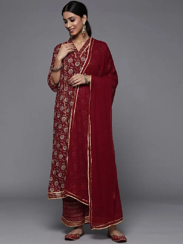 Maroon Printed Rayon A-Line Kurta With Palazzos & Dupatta