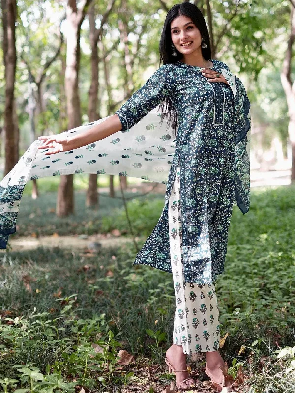 Blue Printed Cotton Straight Kurta With Palazzos & Dupatta