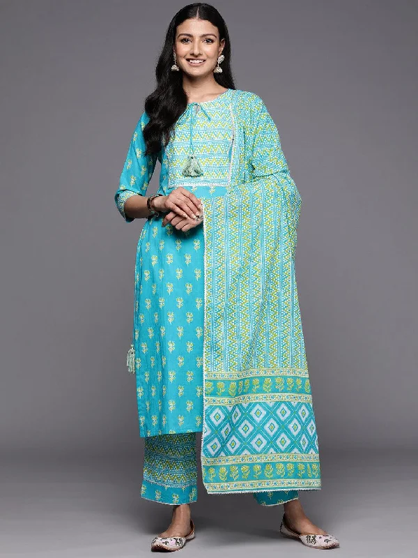 Blue Printed Cotton Straight Kurta With Trousers & Dupatta