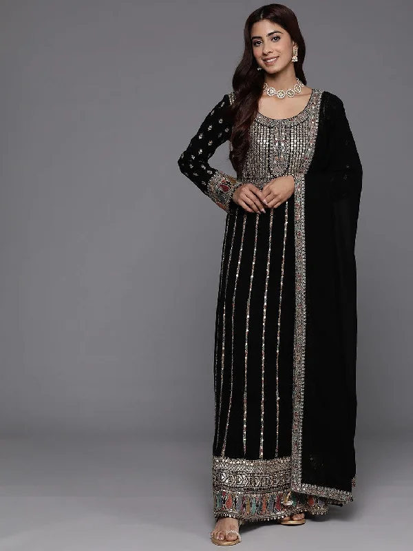 Libas Art Black Embroidered Georgette A-Line Kurta With Palazzos & Dupatta