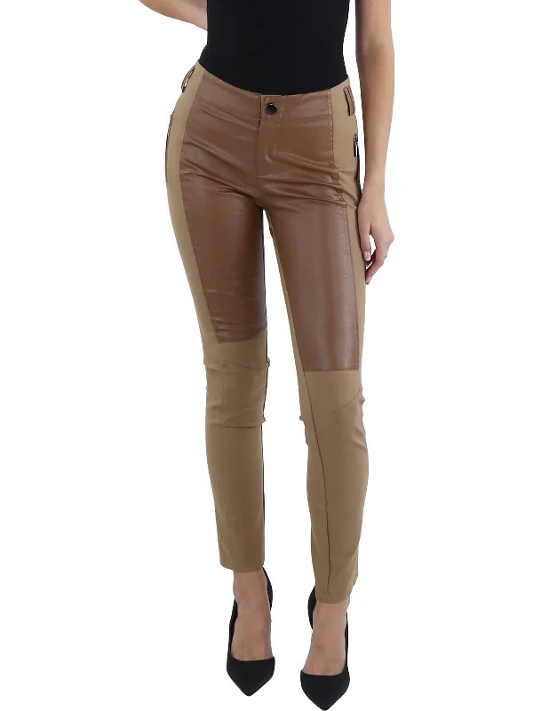 Womens Front Faux Leather Mixed Media Leggings