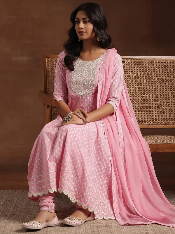 Pink Printed Cotton A-Line Kurta With Churidar & Dupatta