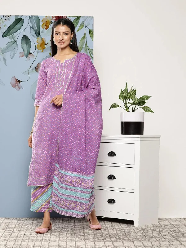 Purple Printed Cotton Straight Kurta With Palazzos & Dupatta