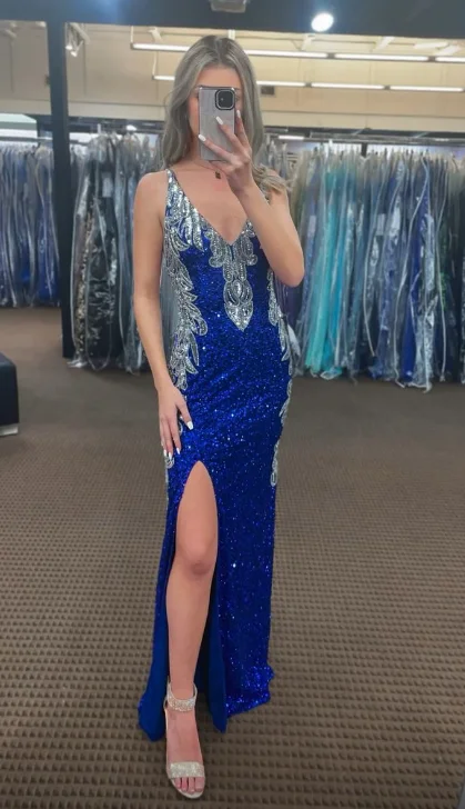 Spaghetti Straps Royal Blue Sequined Formal Dress with Slit gh2822