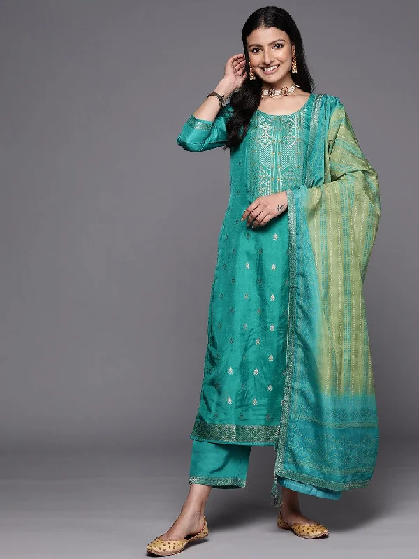 Green Self Design Silk Blend Straight Kurta With Trousers & Dupatta