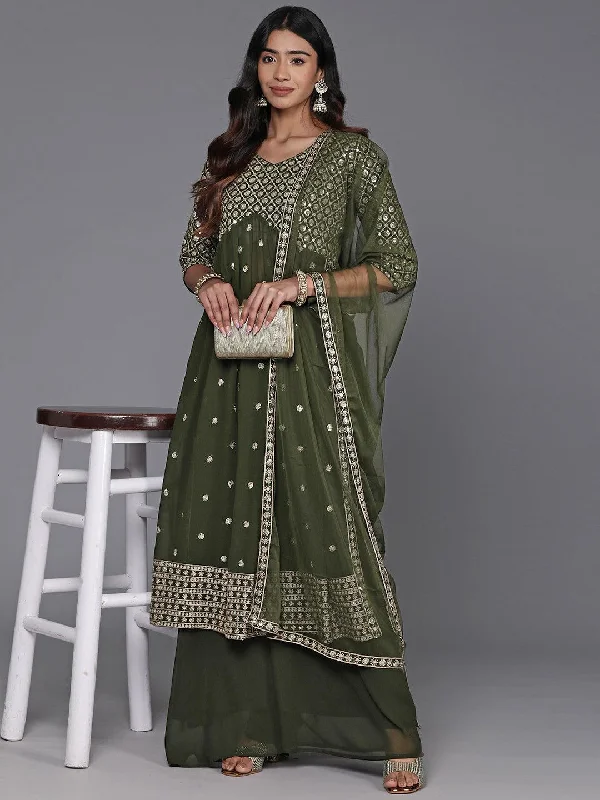 Green Embroidered Georgette A-Line Kurta With Palazzos & Dupatta