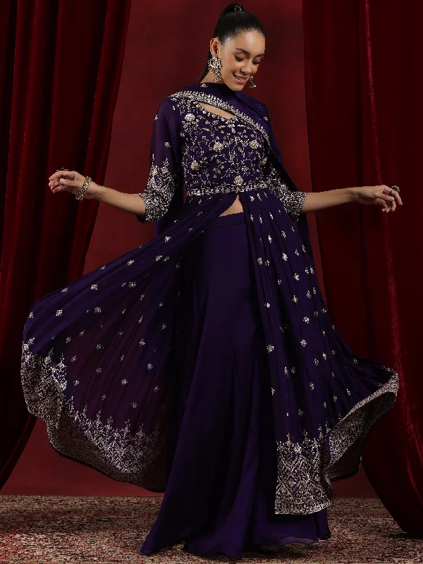 Libas Art Purple Embroidered Silk Blend A-Line Kurta With Palazzos & Dupatta