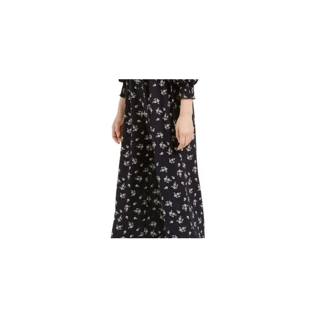 1.State Women's Navy Floral Long Sleeve Off Shoulder Tea-Length Shift Formal Dress Black Size Large