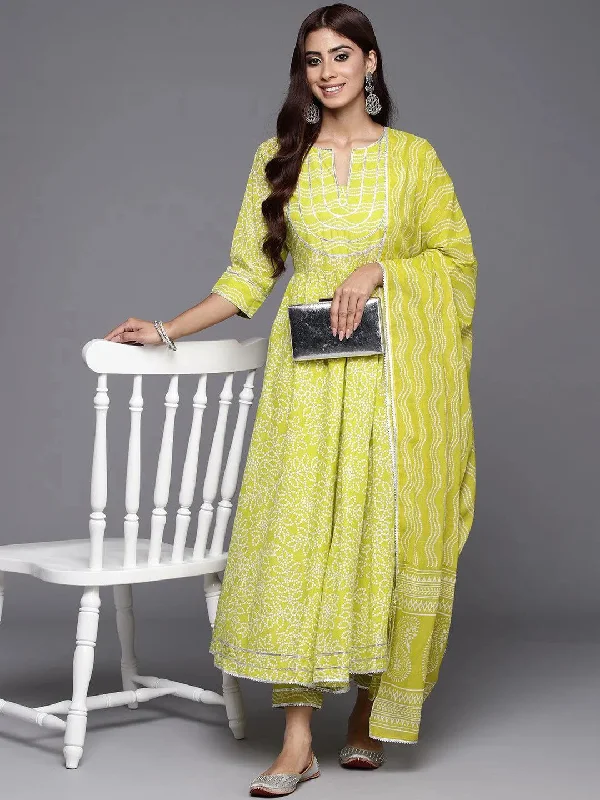 Green Yoke Design Cotton Anarkali Kurta With Trousers & Dupatta