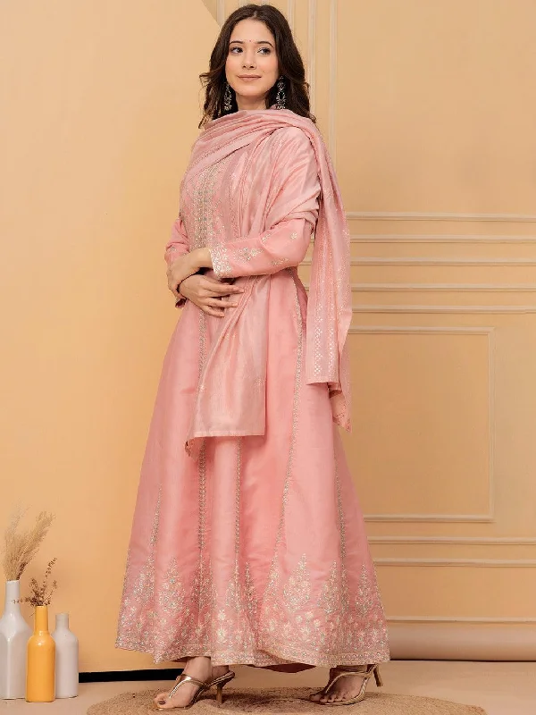 Libas Art Peach Embroidered Silk Blend A-Line Kurta With Trousers & Dupatta