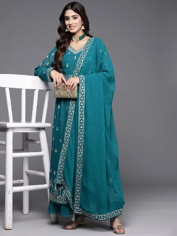 Turquoise Embroidered Georgette A-Line Kurta With Palazzos & Dupatta