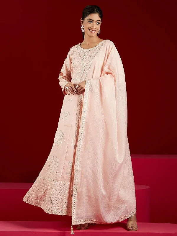 Libas Art Peach Embroidered Silk A-Line Kurta With Trousers & Dupatta