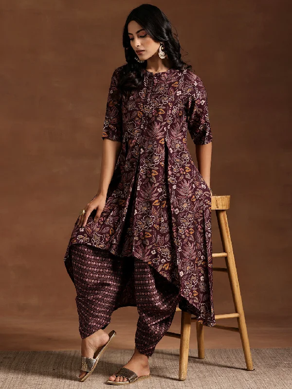 Wine Printed Silk Blend A-line Kurta With Salwar