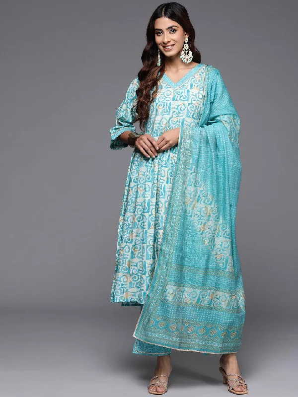 Blue Printed Silk Blend A-Line Kurta With Palazzos & Dupatta