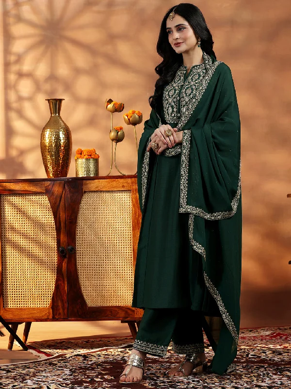 Green Yoke Design Silk Blend A-Line Kurta With Palazzos & Dupatta