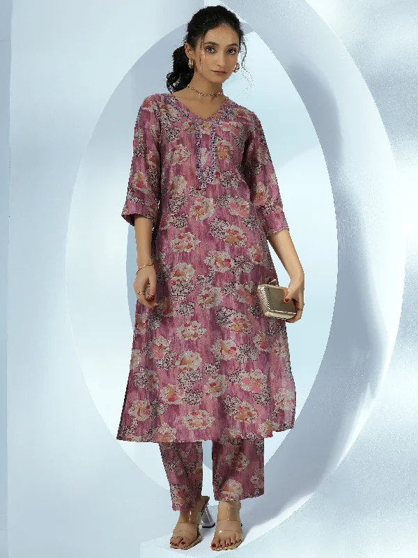 Mauve Printed Silk Blend Kurta Set