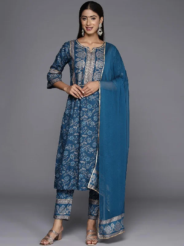 Blue Printed Rayon A-Line Kurta With Trousers & Dupatta