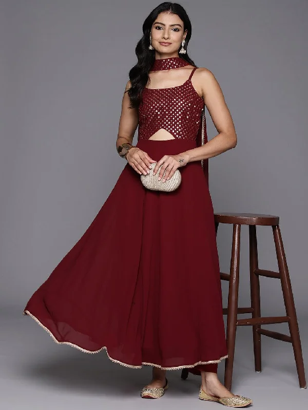 Maroon Embroidered Georgette A-Line Kurta With Trousers & Dupatta