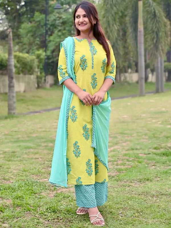 Green Printed Cotton Straight Kurta With Palazzos & Dupatta