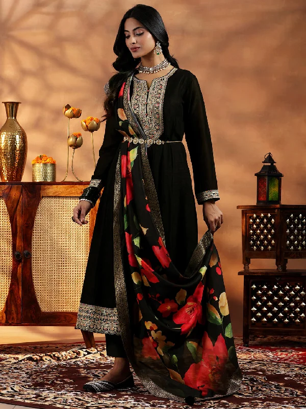 Black Yoke Design Silk Blend A-Line Kurta With Trousers & Dupatta