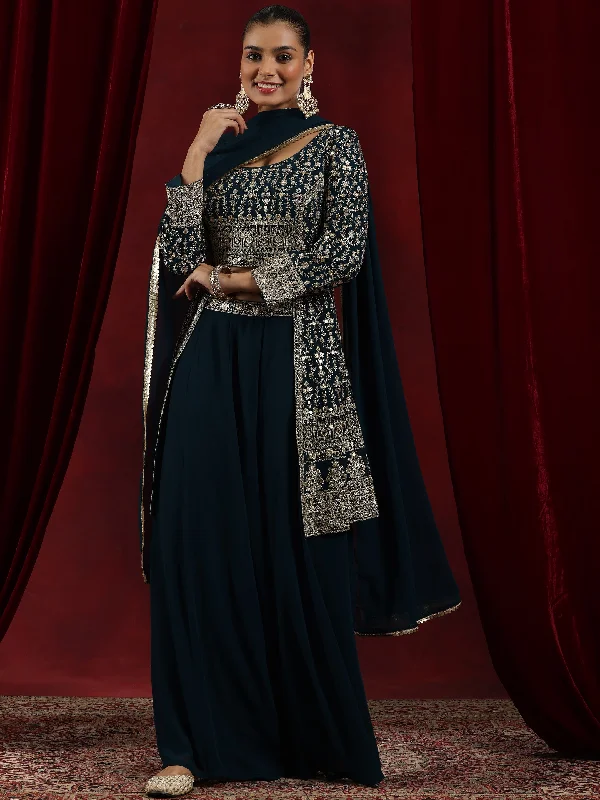 Libas Art Blue Embroidered Georgette A-Line Kurta With Palazzos & Dupatta