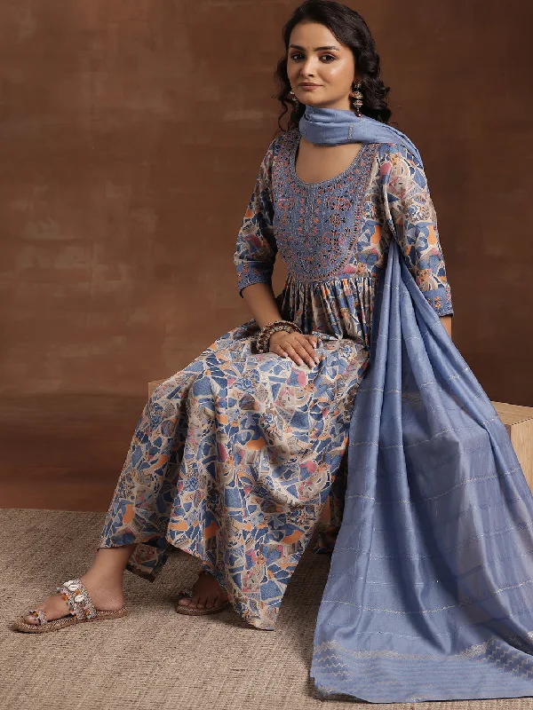 Blue Printed Silk Blend A-Line Kurta With Trousers & Dupatta