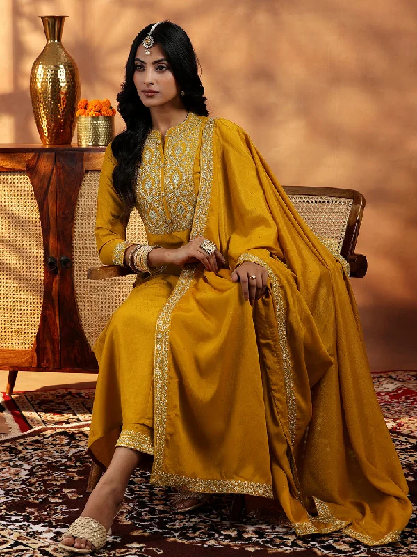 Mustard Yoke Design Silk Blend A-Line Kurta With Palazzos & Dupatta