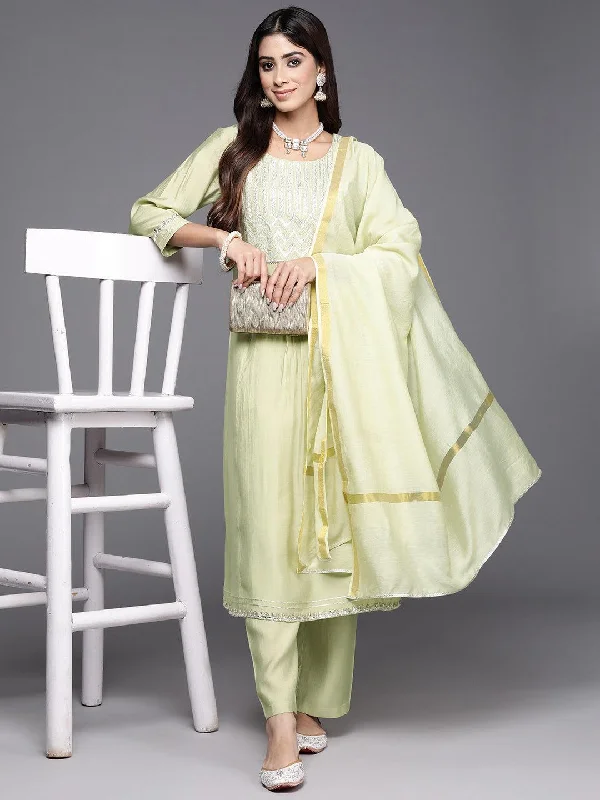 Green Yoke Design Silk Blend A-Line Kurta With Trousers & Dupatta