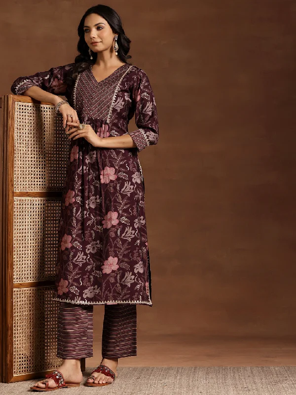 Wine Printed Silk Blend Straight Kurta Set