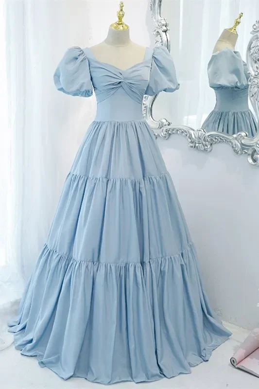 Light Blue A-line Long Formal Dress with Short Sleeves gh1145