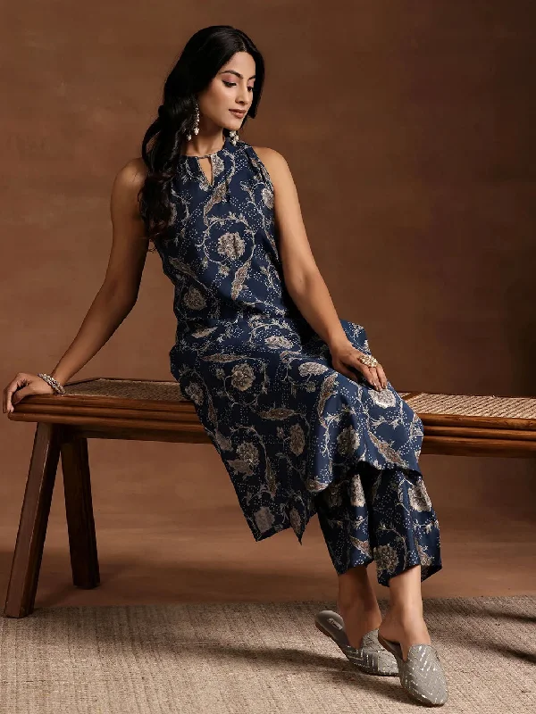 Blue Printed Silk Blend Straight Kurta Set