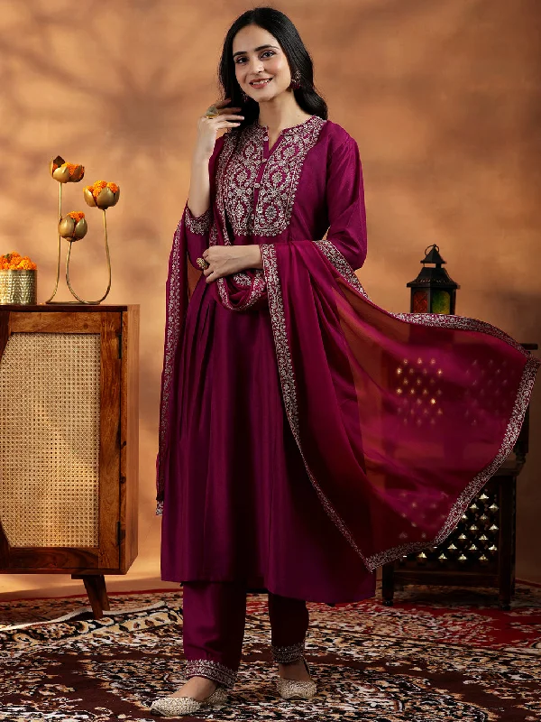 Maroon Yoke Design Silk Blend A-Line Kurta With Palazzos & Dupatta