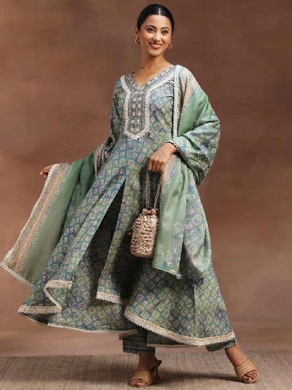 Green Printed Silk Blend A-Line Kurta With Trousers & Dupatta