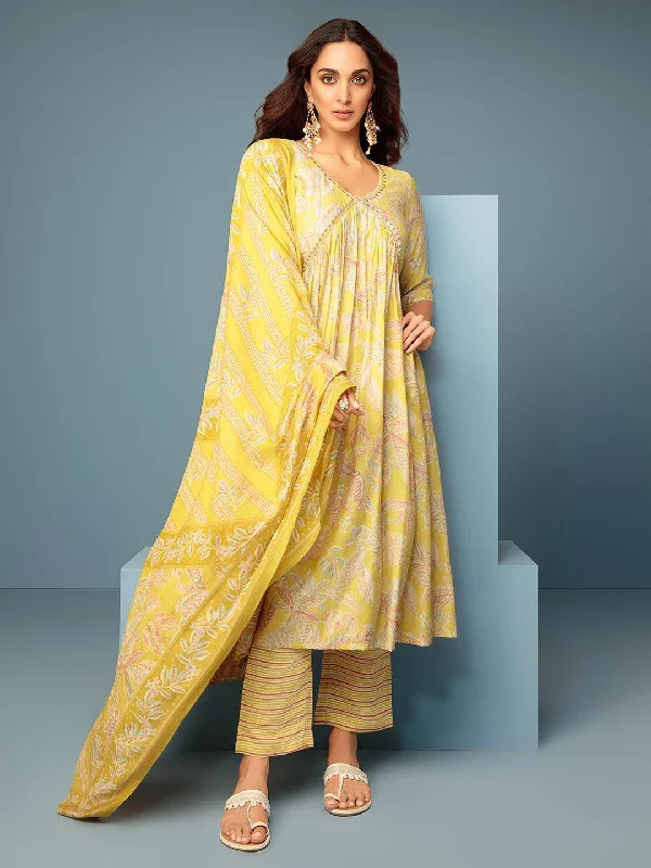 Aashna Mustard Printed Silk Blend A-Line Kurta With Palazzos & Dupatta