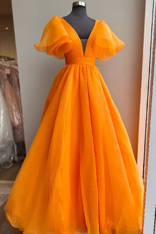 Orange A-line Long Formal Dress with Flutter Sleeves  gh2072