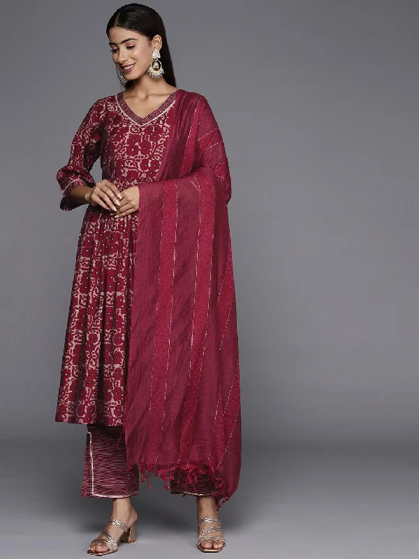 Maroon Printed Silk Blend A-Line Kurta With Trousers & Dupatta