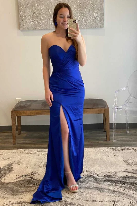 Royal Blue Sweetheart Satin Long Formal Dress with Slit   gh2376